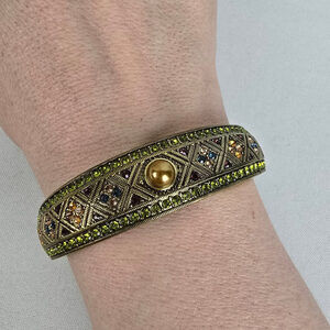Heidi Daus Golden Faux Pearl Aqua Garnet Topaz Rhinestone Bangle Bracelet
